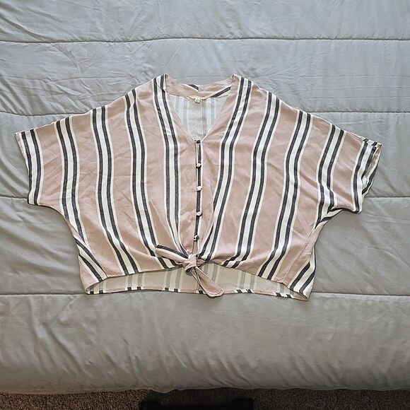 Sim & Sam Striped Tie Front Bouse Top Shirt XL Women's Pink Taupe Blue White - Picture 3 of 9